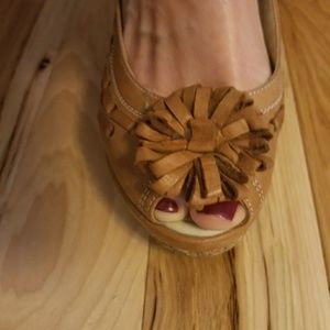 Tan peeptoe cork wedges